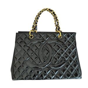 Chanel CC Grand Shopping Tote Bag Black Patent Leather With COA Guarantee Card